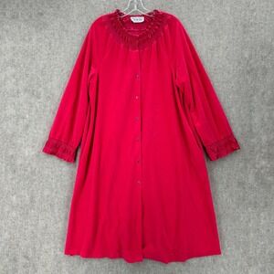 Vanity Fair Robe Red Velvet Knit Snap Front‎ Smocked Neck Long Sleeve XL